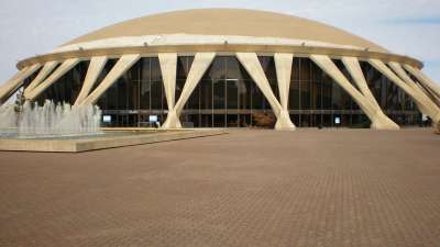 The domed Norfolk Scope arena and its fountain plaza in Norfolk, Virginia