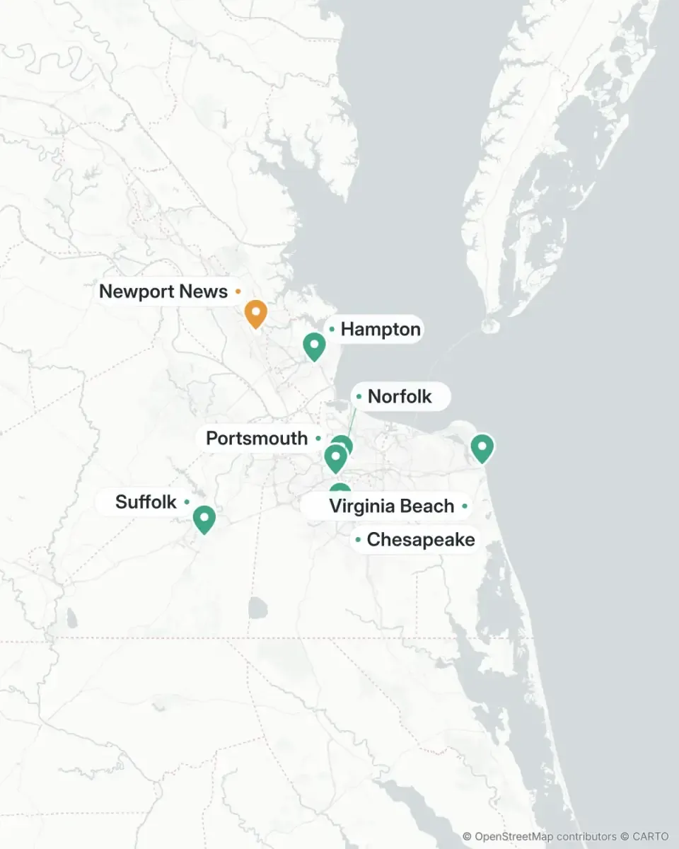 Map of Hampton Roads, Virginia showing the seven cities Helix Stax serves: Newport News and Hampton on the Peninsula, and Norfolk, Portsmouth, Chesapeake, Virginia Beach, and Suffolk on the Southside.