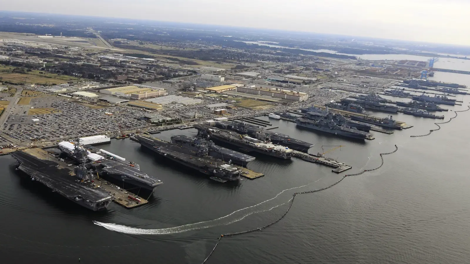 Aerial view of aircraft carriers and warships at Naval Station Norfolk, Virginia